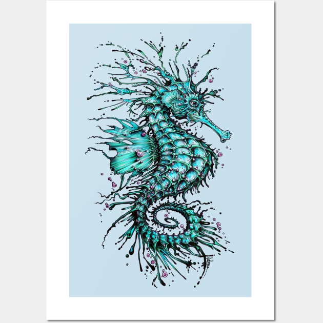 Cyan Seahorse Wall Art by TAOJB